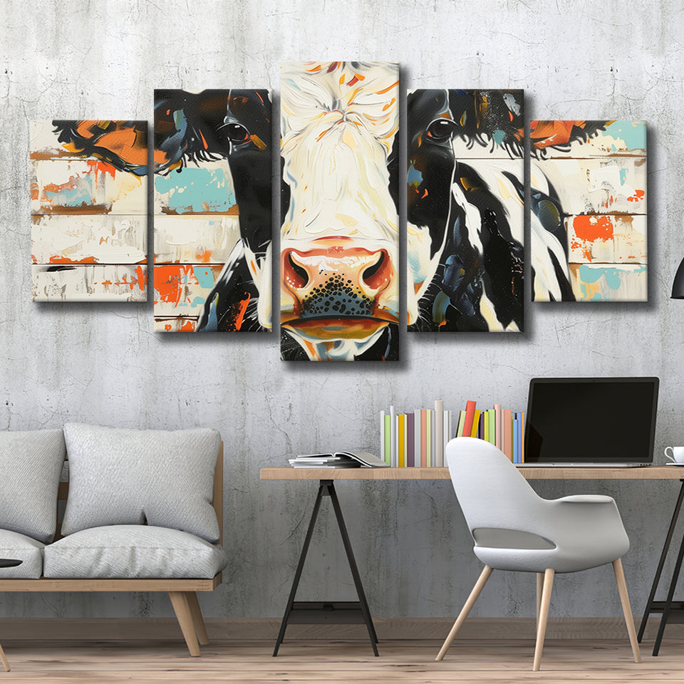 Hignland Cow Painted On Wood Rustic Cabin V4, Multi Panel Canvas Print Wall Art Decor, 5 Mixed Panel