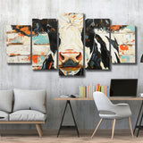Hignland Cow Painted On Wood Rustic Cabin V4, Multi Panel Canvas Print Wall Art Decor, 5 Mixed Panel