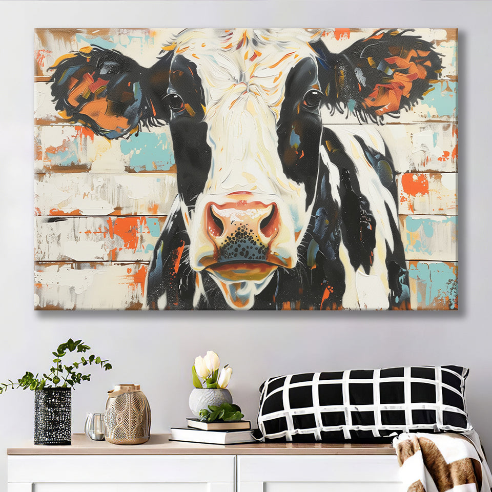 Hignland Cow Painted On Wood Rustic Cabin V4, Canvas Print Wall Art Decor, Landscape Art Print