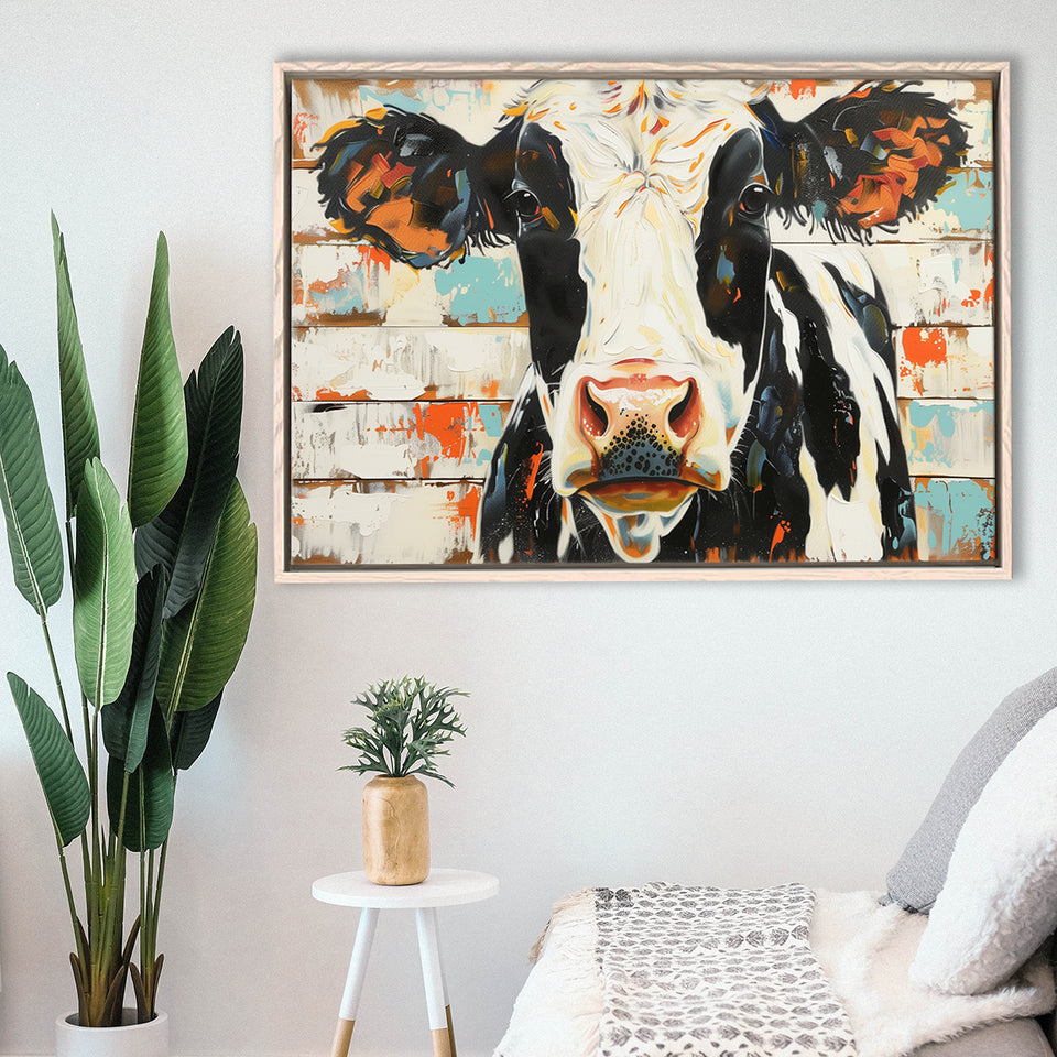 Hignland Cow Painted On Wood Rustic Cabin V4, Framed Canvas Print Wall Art Decor,Floating Frame