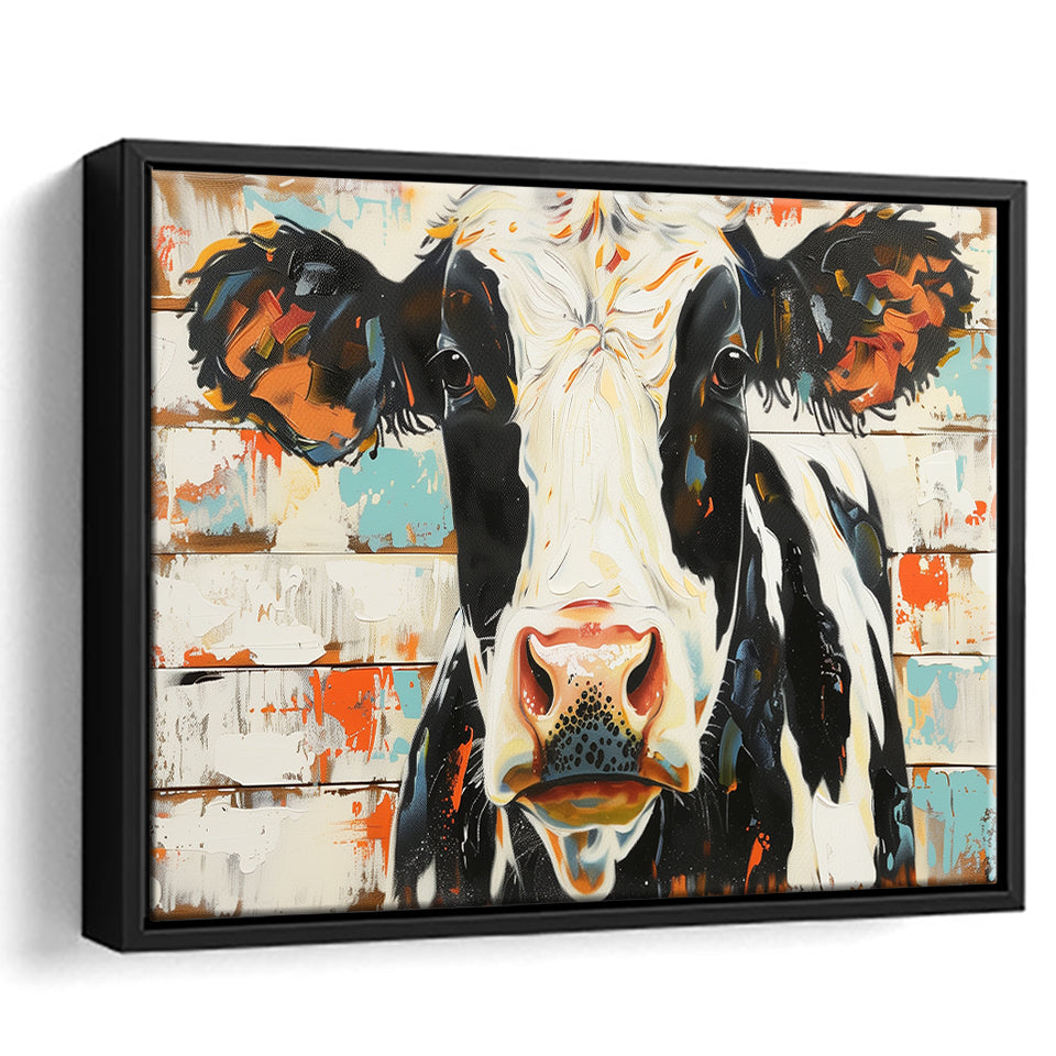 Hignland Cow Painted On Wood Rustic Cabin V4, Framed Canvas Print Wall Art Decor,Floating Frame