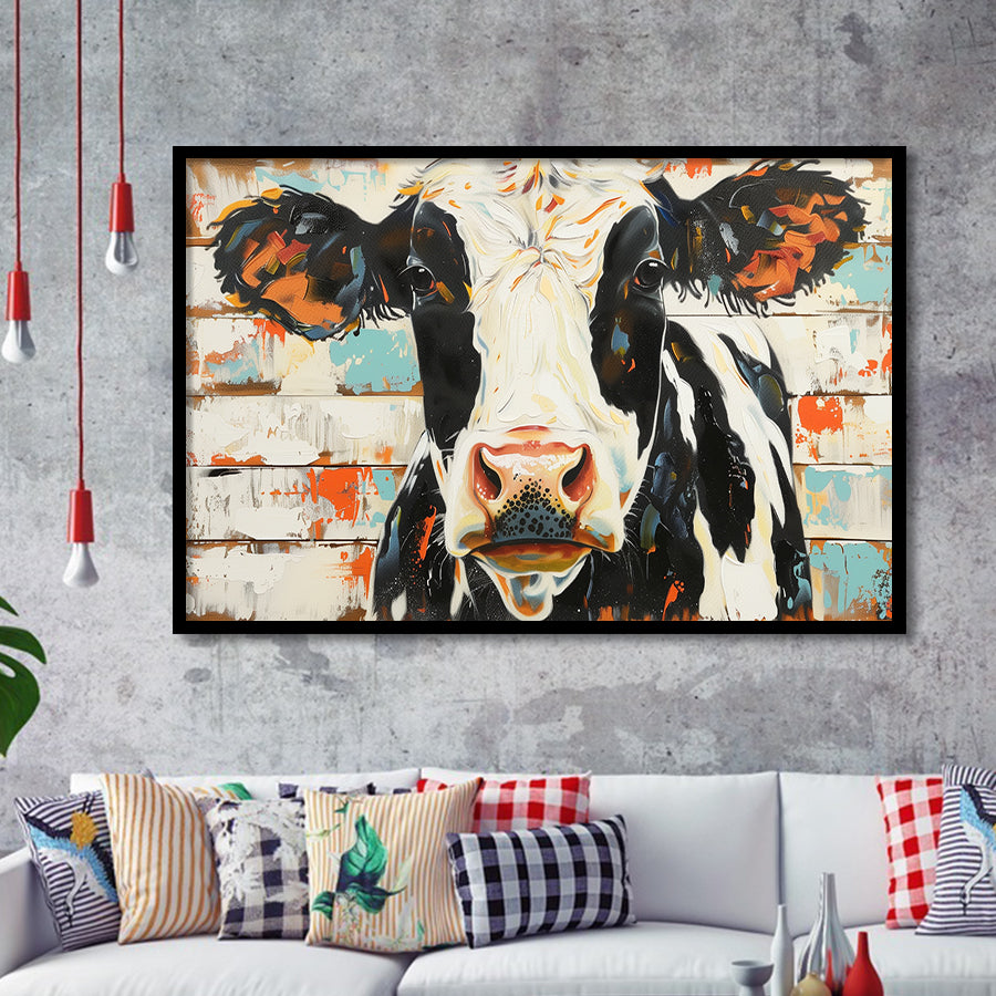 Hignland Cow Painted On Wood Rustic Cabin V4, Framed Art Print Wall Decor, Framed Picture