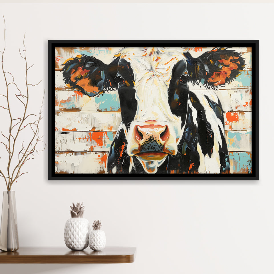 Hignland Cow Painted On Wood Rustic Cabin V4, Framed Canvas Print Wall Art Decor,Floating Frame