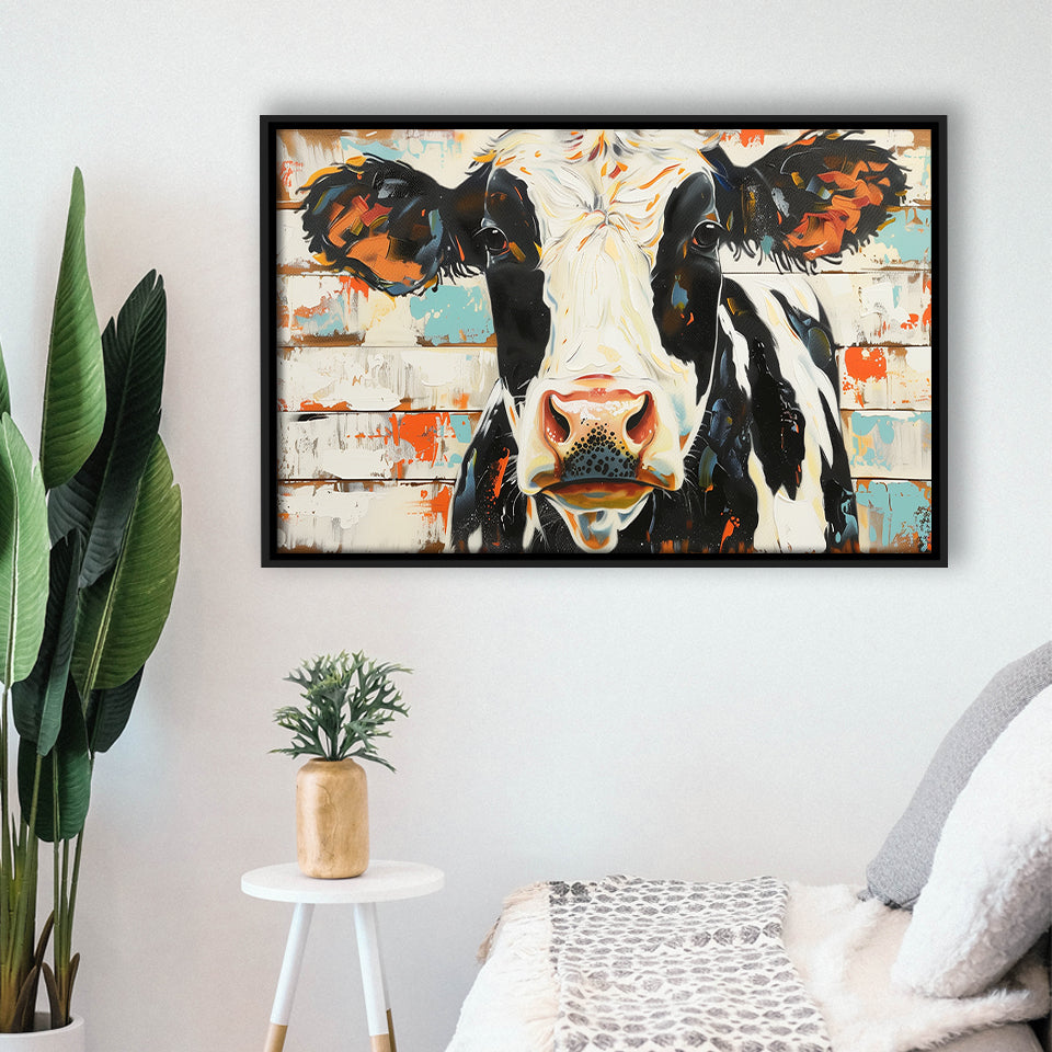 Hignland Cow Painted On Wood Rustic Cabin V4, Framed Canvas Print Wall Art Decor,Floating Frame