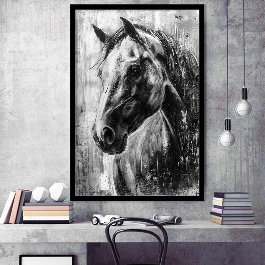 Horse Portrait Black And White Unique Of Panting, Framed Art Print Wall Decor, Framed Picture