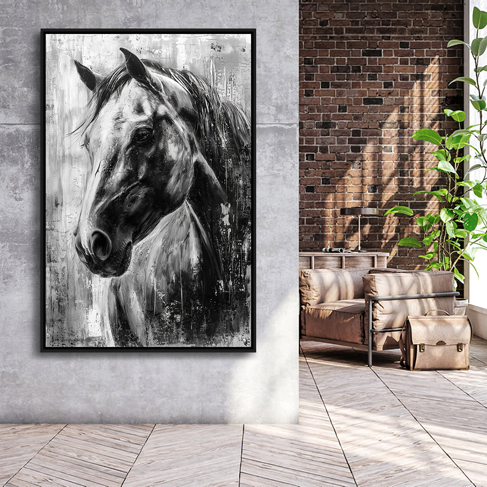 Horse Portrait Black And White Unique Of Panting, Framed Canvas Painting, Framed Canvas Prints Wall Art Decor