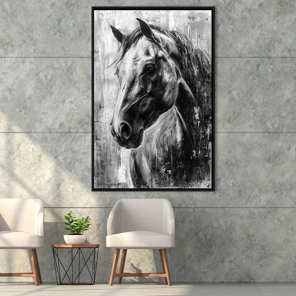 Horse Portrait Black And White Unique Of Panting, Framed Canvas Painting, Framed Canvas Prints Wall Art Decor
