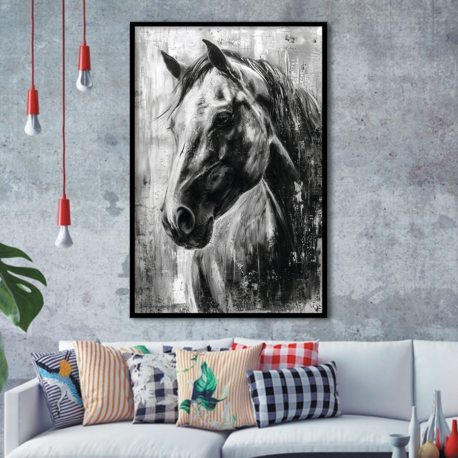 Horse Portrait Black And White Unique Of Panting, Framed Art Print Wall Decor, Framed Picture