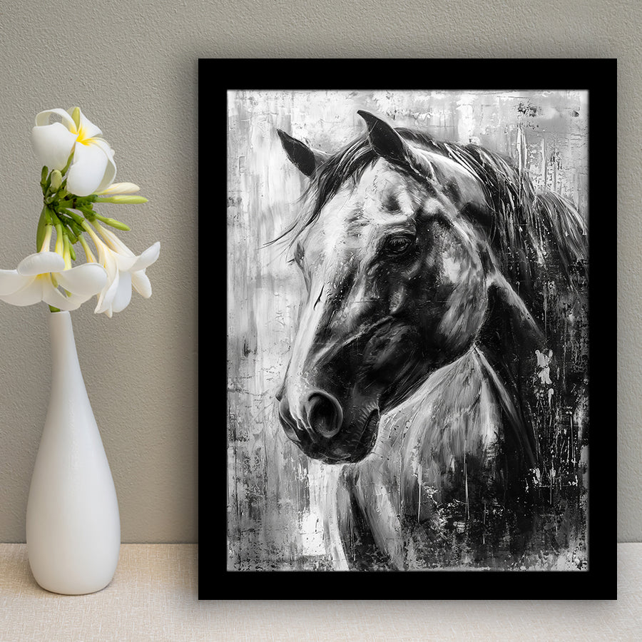Horse Portrait Black And White Unique Of Panting, Framed Art Print Wall Decor, Framed Picture