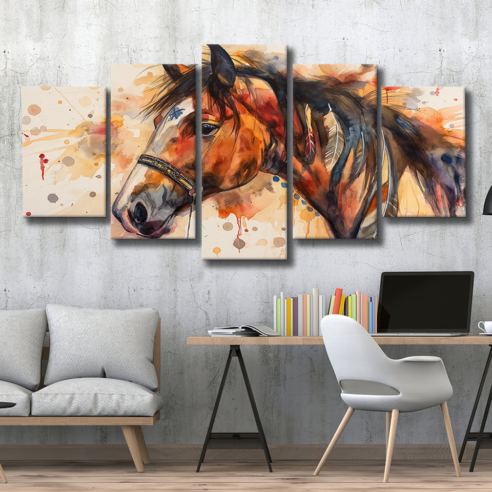 Horse Portrait, Native American Horse Painting8, Mixed 5 Panel Canvas Print Wall Art Home Decor, Large Canvas Painting