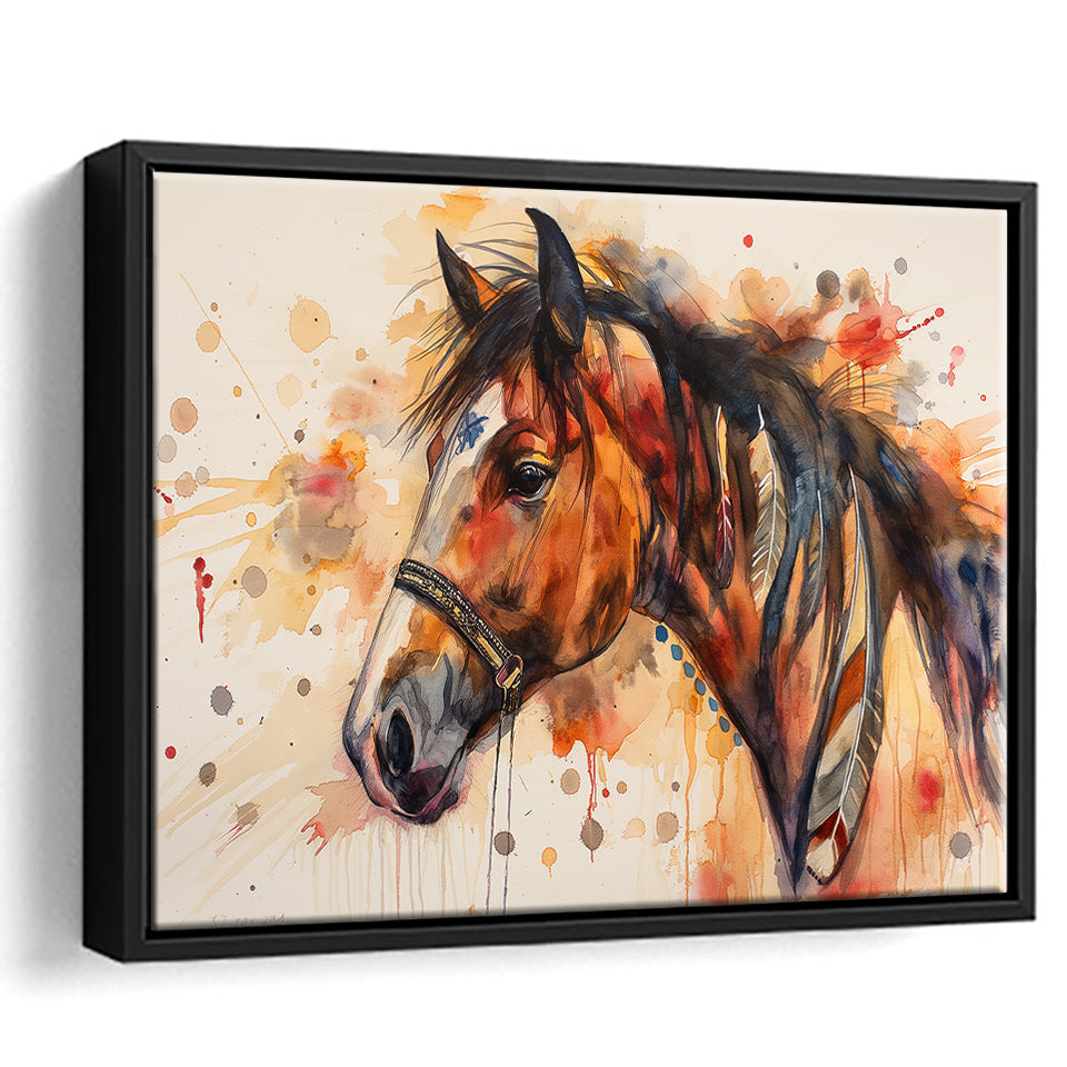 Horse Portrait, Native American Horse Painting8, Framed Canvas Print Wall Art Decor, Floating Frame Painting Canvas