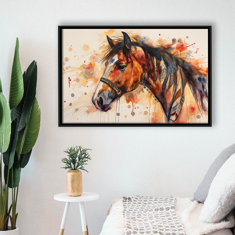 Horse Portrait, Native American Horse Painting8, Framed Canvas Print Wall Art Decor, Floating Frame Painting Canvas