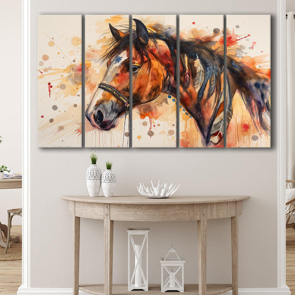 Horse Portrait, Native American Horse Painting8, Mixed 5 Panel B Canvas Print Wall Art Decor, Extra Large Painting Canvas