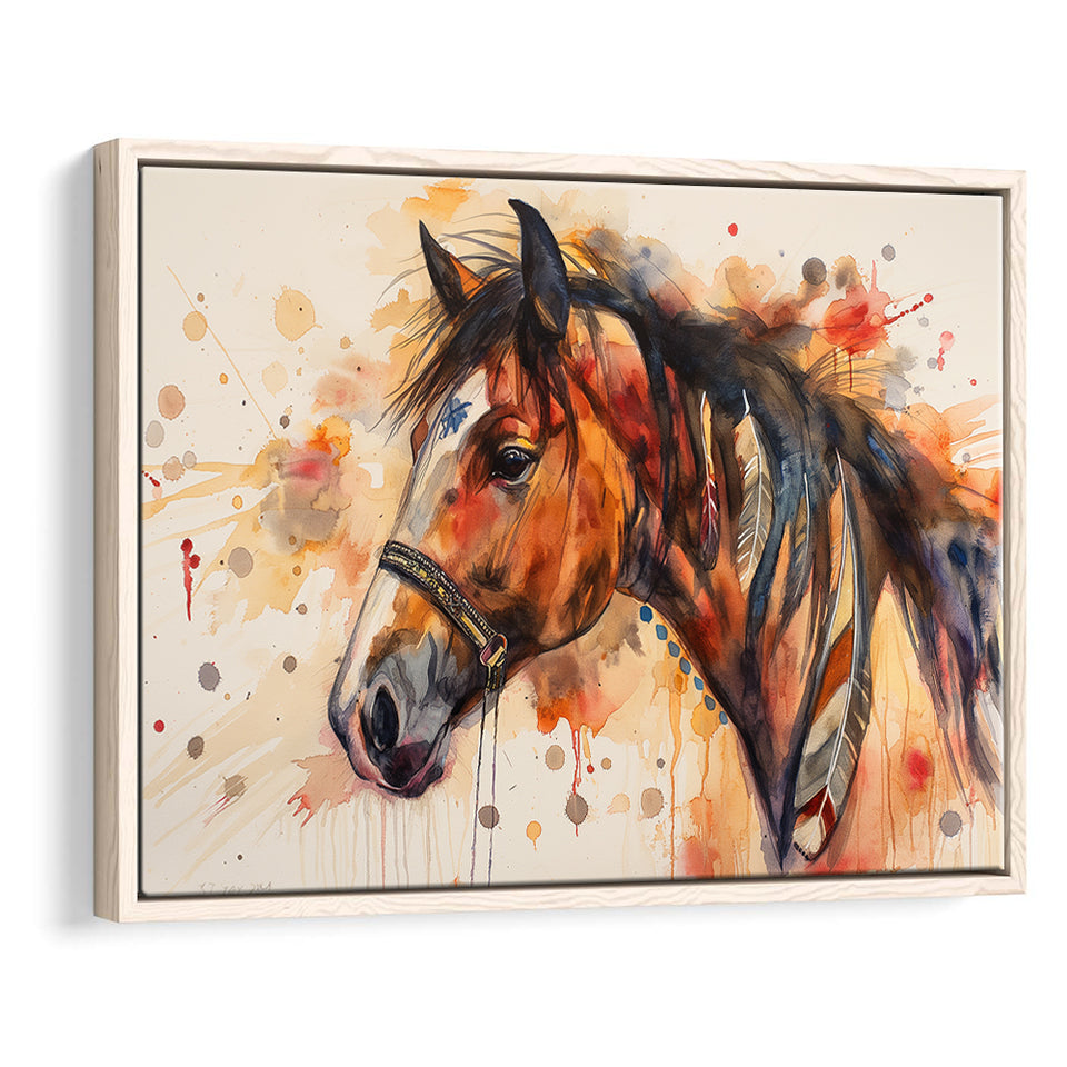Horse Portrait, Native American Horse Painting8, Framed Canvas Print Wall Art Decor, Floating Frame Painting Canvas