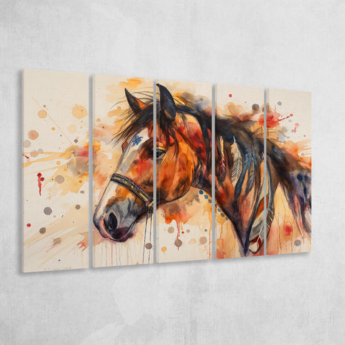 Horse Portrait, Native American Horse Painting8, Mixed 5 Panel B Canvas Print Wall Art Decor, Extra Large Painting Canvas