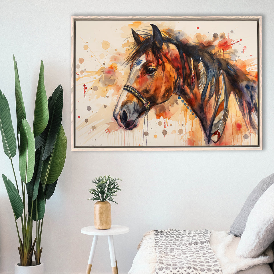 Horse Portrait, Native American Horse Painting8, Framed Canvas Print Wall Art Decor, Floating Frame Painting Canvas
