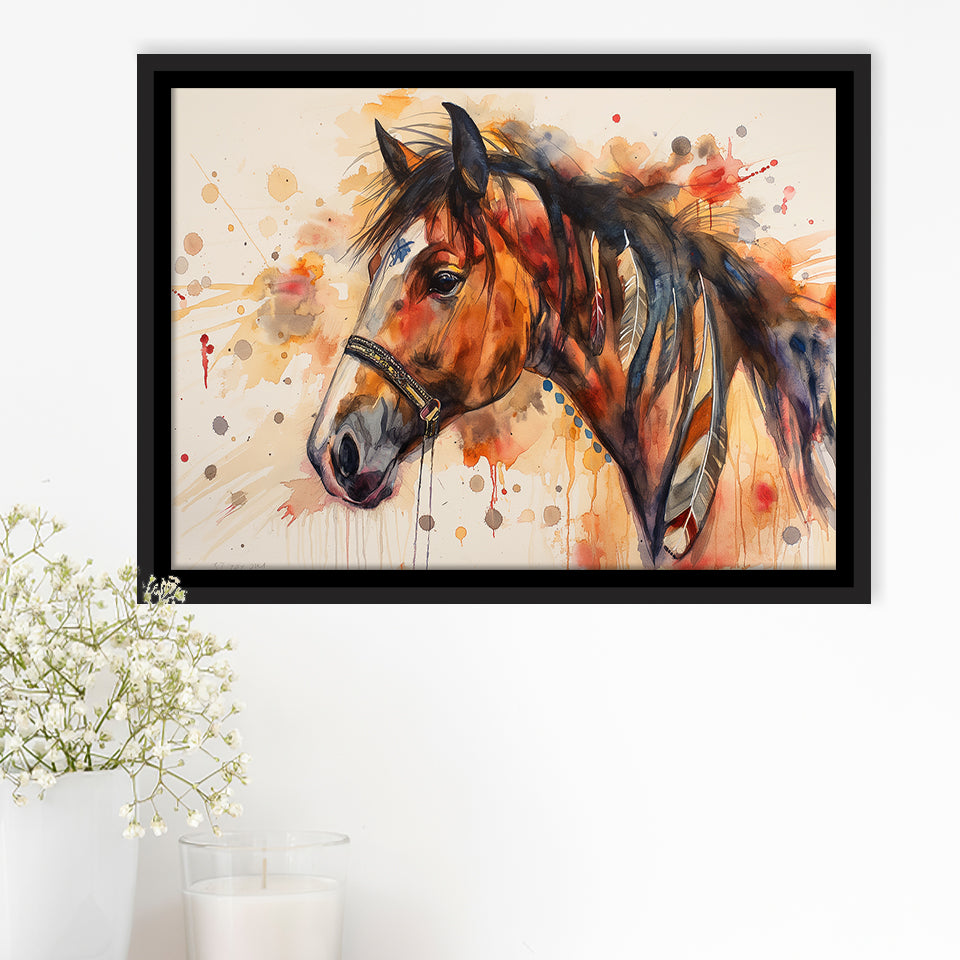 Horse Portrait, Native American Horse Painting8, Framed Canvas Print Wall Art Decor, Floating Frame Painting Canvas