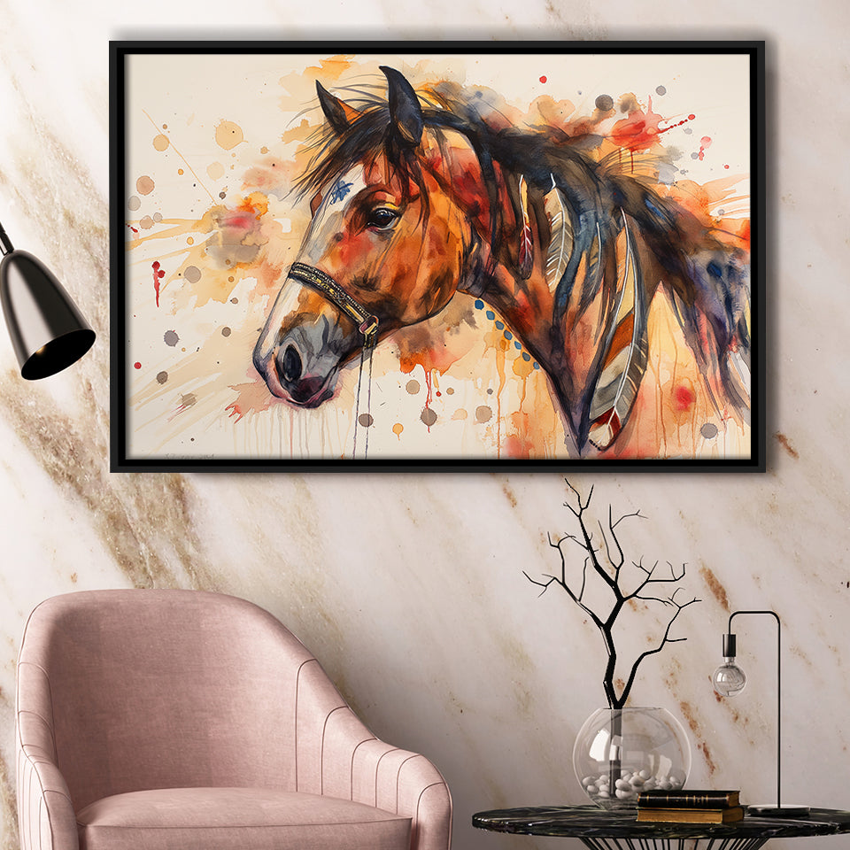 Horse Portrait, Native American Horse Painting8, Framed Canvas Print Wall Art Decor, Floating Frame Painting Canvas