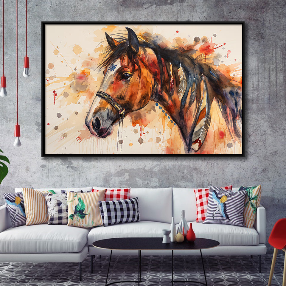 Horse Portrait, Native American Horse Painting8, Framed Canvas Print Wall Art Decor, Floating Frame Painting Canvas