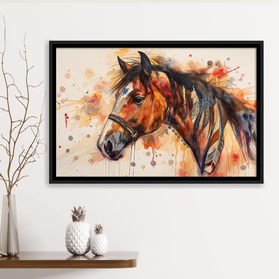 Horse Portrait, Native American Horse Painting8, Framed Canvas Print Wall Art Decor, Floating Frame Painting Canvas