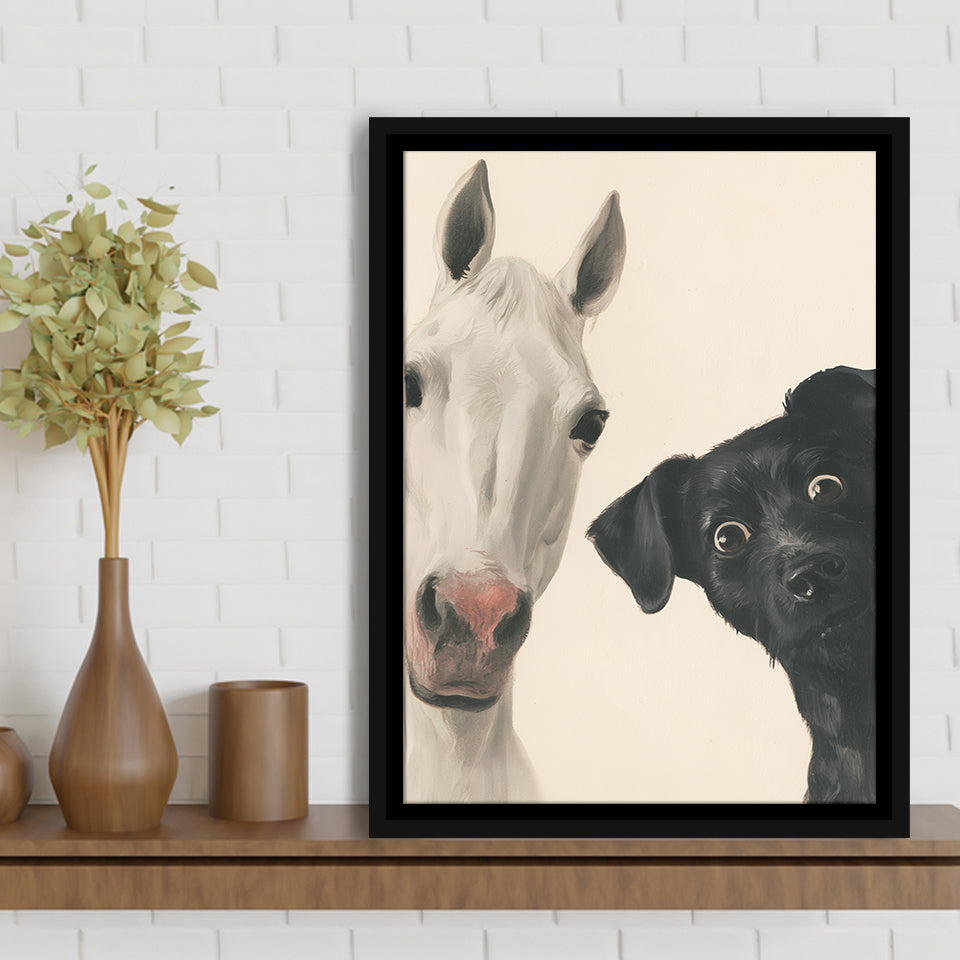 Horse And Black Dog Funny Portrait Art, Painting Pet Lover, Kid Room Decor, Framed Canvas Print, Floating Frame