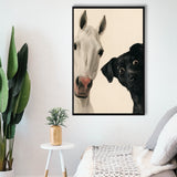 Horse And Black Dog Funny Portrait Art, Painting Pet Lover, Kid Room Decor, Framed Canvas Print, Floating Frame