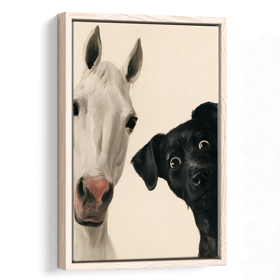Horse And Black Dog Funny Portrait Art, Painting Pet Lover, Kid Room Decor, Framed Canvas Print, Floating Frame