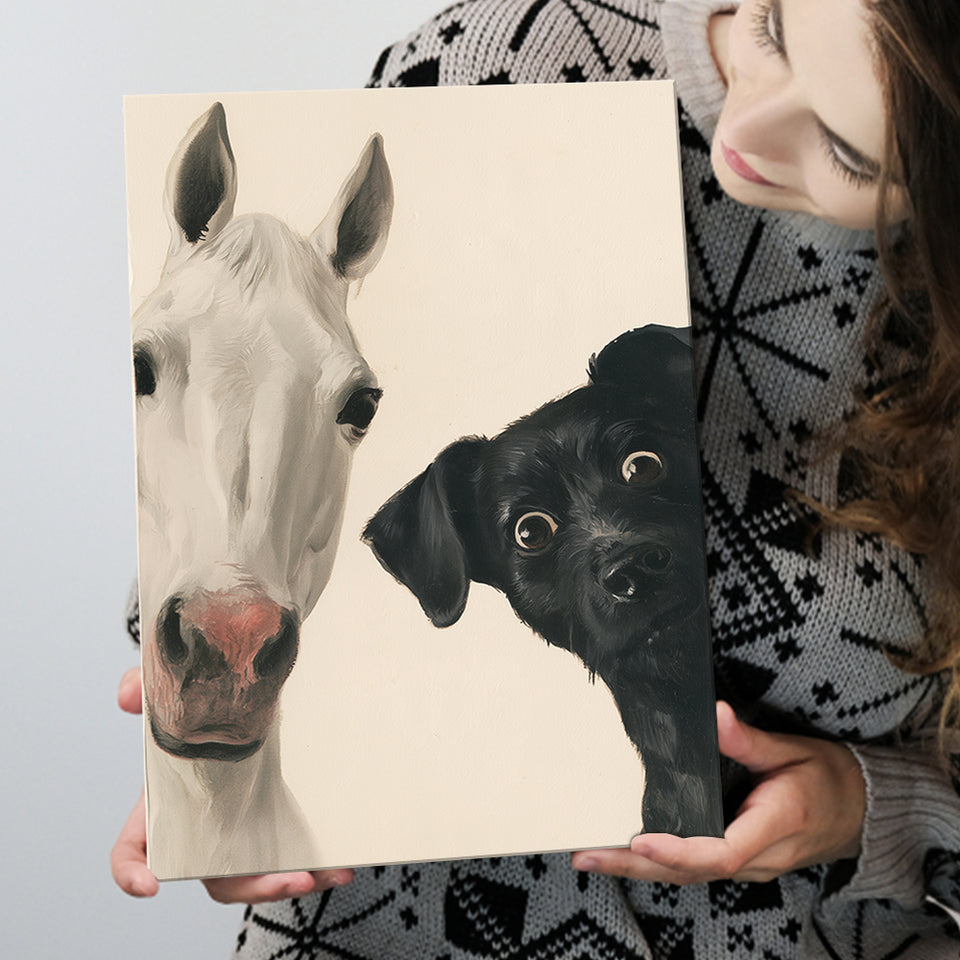 Horse And Black Dog Funny Portrait Art, Painting Pet Lover, Kid Room Decor, Canvas Print Wall Art, Wall Decor