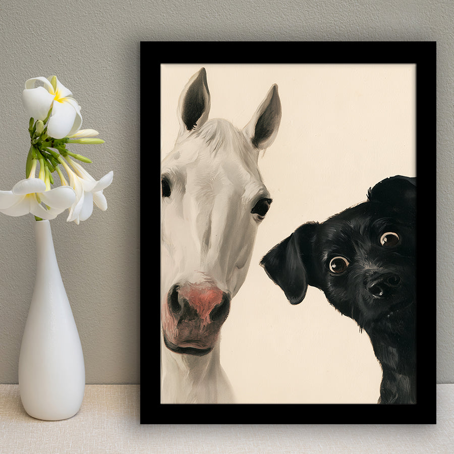 Horse And Black Dog Funny Portrait Art, Painting Pet Lover, Kid Room Decor, Framed Art Print, Fine Art Wall Decor
