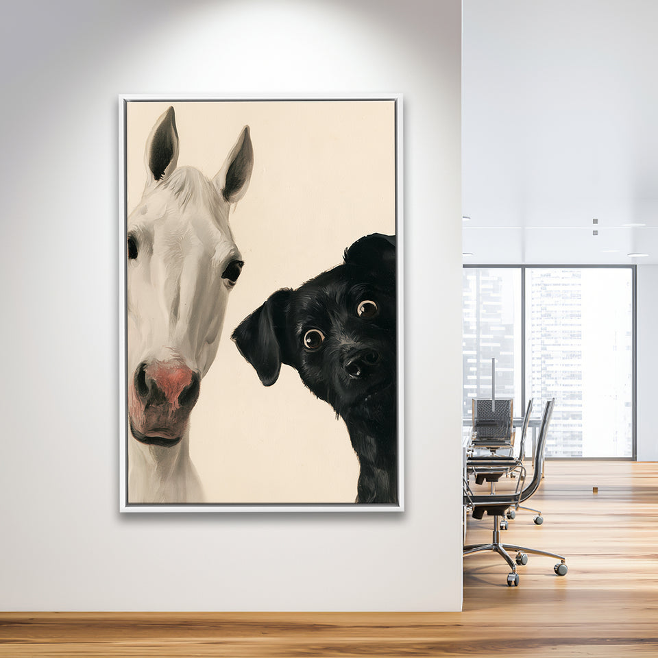 Horse And Black Dog Funny Portrait Art, Painting Pet Lover, Kid Room Decor, Framed Canvas Print, Floating Frame