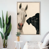 Horse And Black Dog Funny Portrait Art, Painting Pet Lover, Kid Room Decor, Framed Canvas Print, Floating Frame