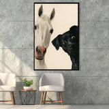 Horse And Black Dog Funny Portrait Art, Painting Pet Lover, Kid Room Decor, Framed Canvas Print, Floating Frame