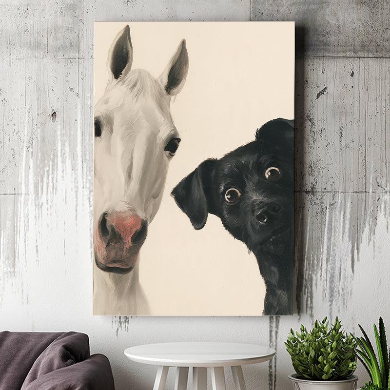 Horse And Black Dog Funny Portrait Art, Painting Pet Lover, Kid Room Decor, Canvas Print Wall Art, Wall Decor
