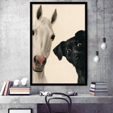 Horse And Black Dog Funny Portrait Art, Painting Pet Lover, Kid Room Decor, Framed Art Print, Fine Art Wall Decor