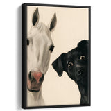 Horse And Black Dog Funny Portrait Art, Painting Pet Lover, Kid Room Decor, Framed Canvas Print, Floating Frame