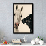 Horse And Black Dog Funny Portrait Art, Painting Pet Lover, Kid Room Decor, Framed Canvas Print, Floating Frame