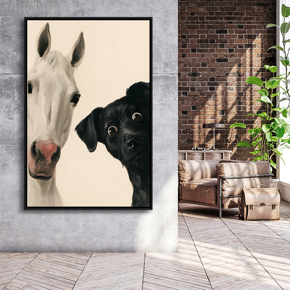 Horse And Black Dog Funny Portrait Art, Painting Pet Lover, Kid Room Decor, Framed Canvas Print, Floating Frame