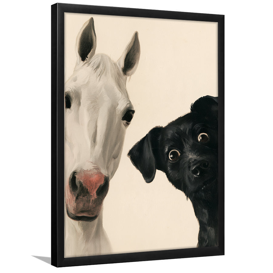 Horse And Black Dog Funny Portrait Art, Painting Pet Lover, Kid Room Decor, Framed Art Print, Fine Art Wall Decor