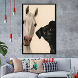 Horse And Black Dog Funny Portrait Art, Painting Pet Lover, Kid Room Decor, Framed Art Print, Fine Art Wall Decor