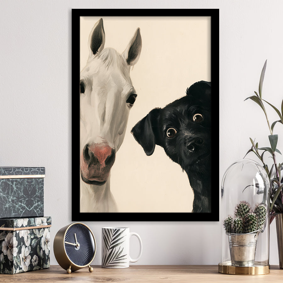 Horse And Black Dog Funny Portrait Art, Painting Pet Lover, Kid Room Decor, Framed Art Print, Fine Art Wall Decor