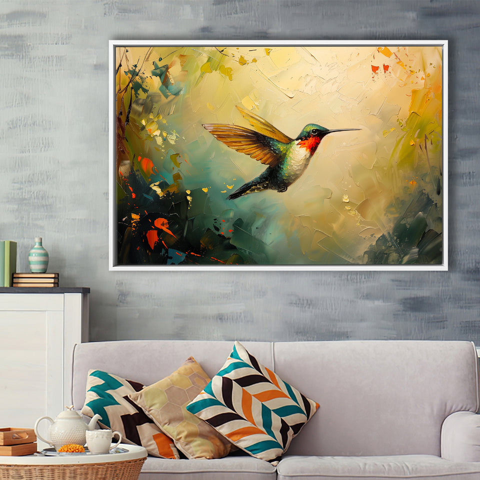 Hummingbird Flying Art Oil Painting, Framed Canvas Print Wall Art Decor, Floating Frame Painting Canvas