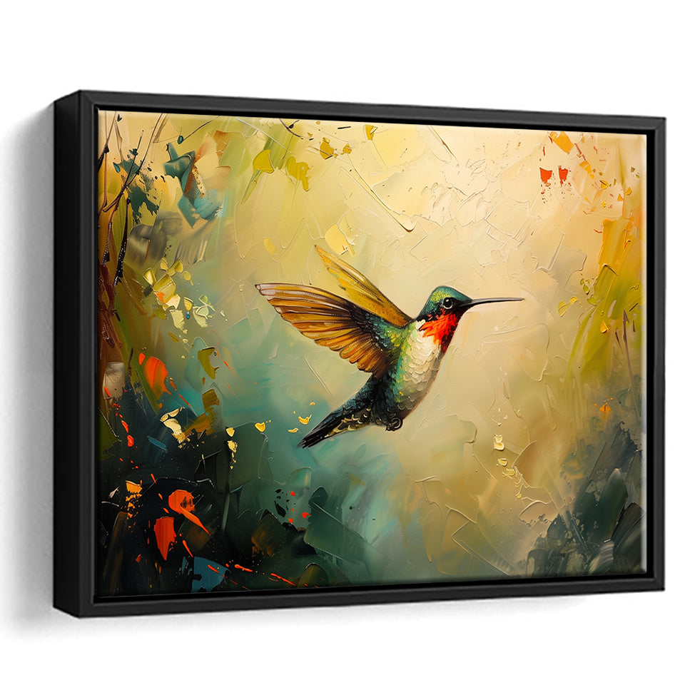 Hummingbird Flying Art Oil Painting, Framed Canvas Print Wall Art Decor, Floating Frame Painting Canvas