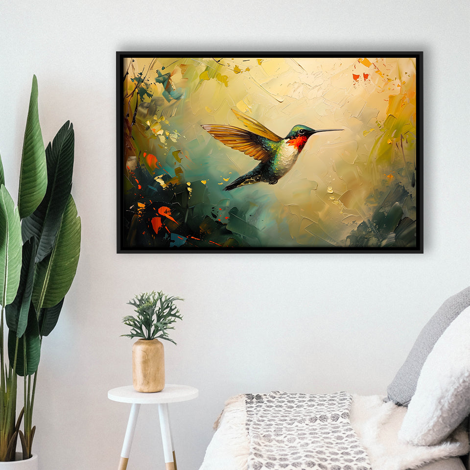 Hummingbird Flying Art Oil Painting, Framed Canvas Print Wall Art Decor, Floating Frame Painting Canvas