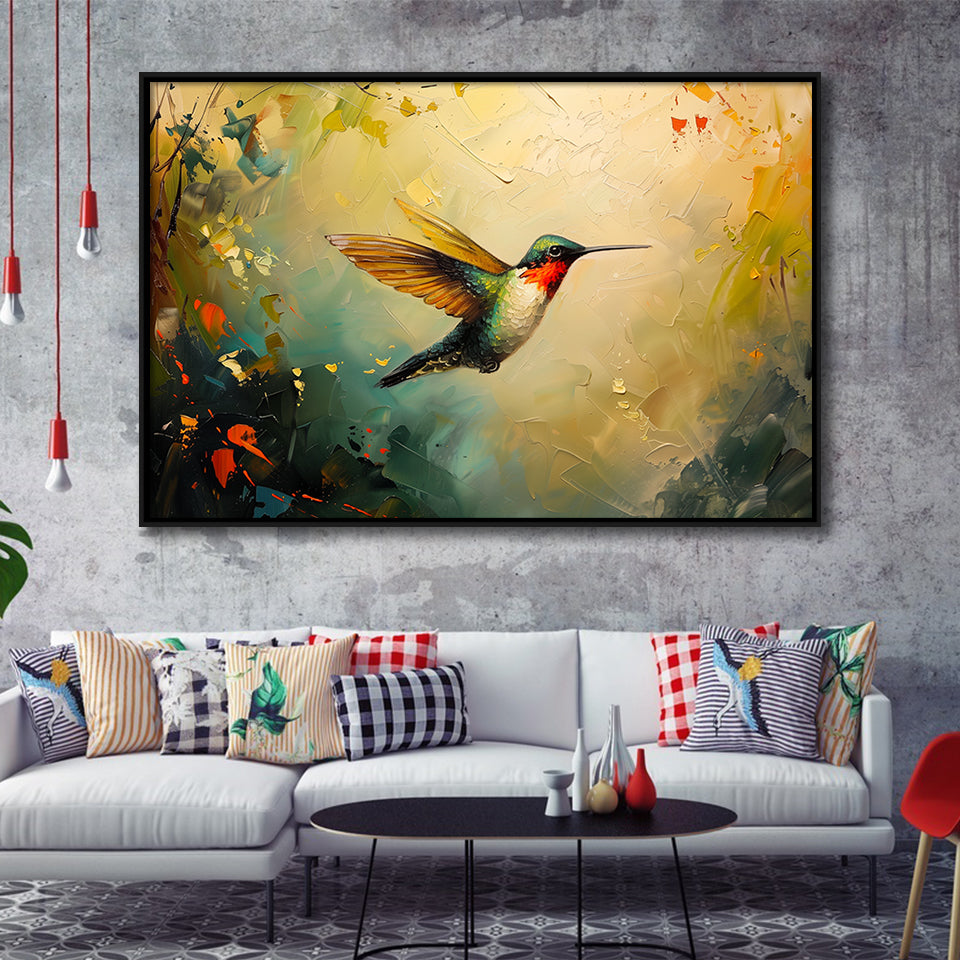 Hummingbird Flying Art Oil Painting, Framed Canvas Print Wall Art Decor, Floating Frame Painting Canvas