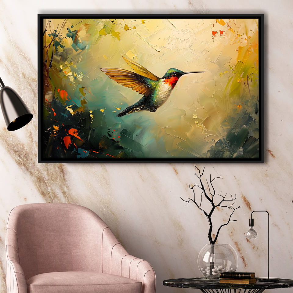 Hummingbird Flying Art Oil Painting, Framed Canvas Print Wall Art Decor, Floating Frame Painting Canvas