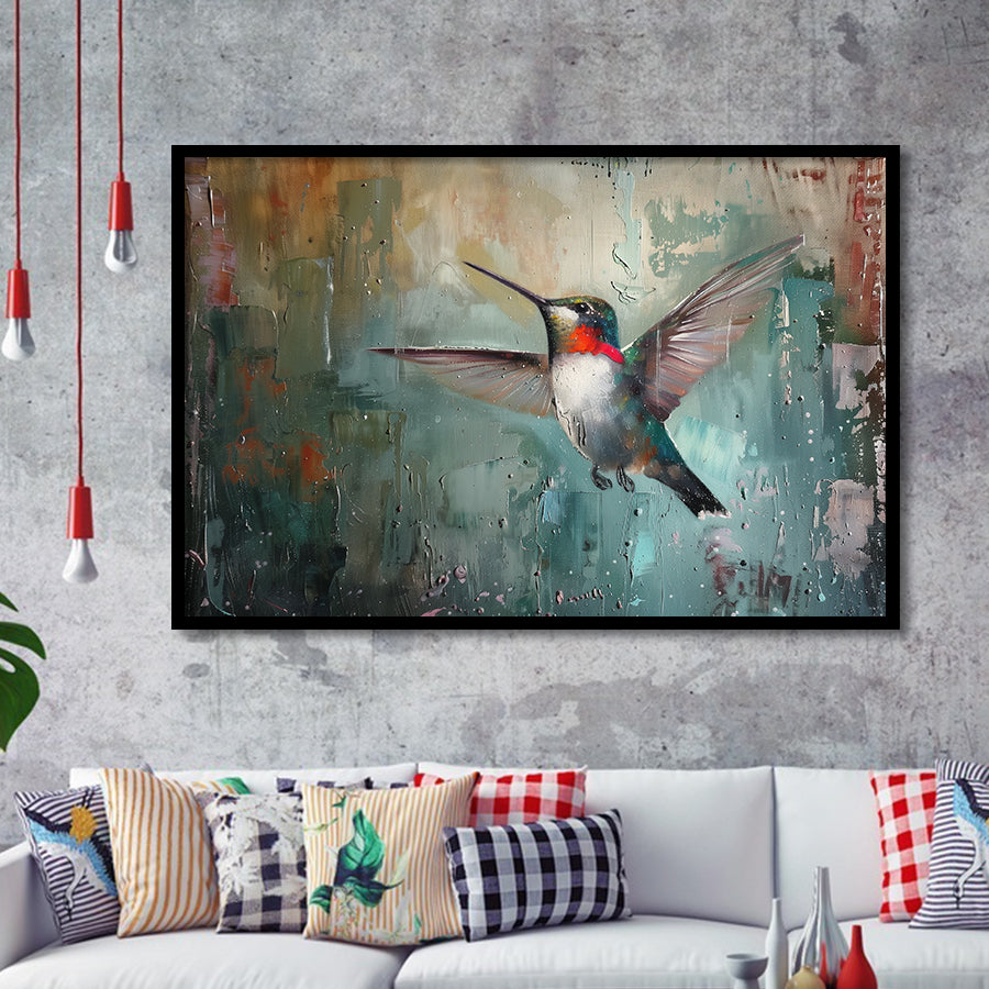 Hummingbird Flying Oil Painting Art, Framed Art Print Wall Decor, Picture Framed Painting Art
