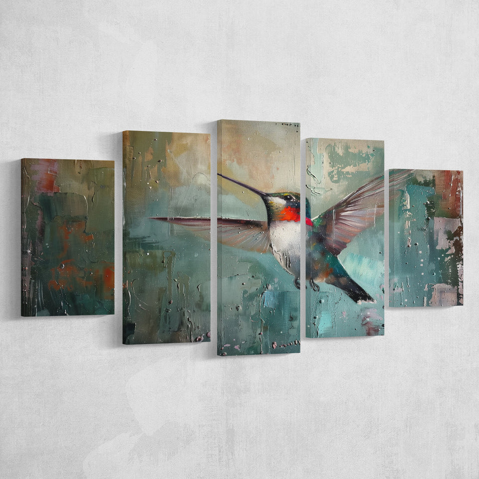 Hummingbird Flying Oil Painting Art, Mixed 5 Panel Canvas Print Wall Art Home Decor, Large Canvas Painting