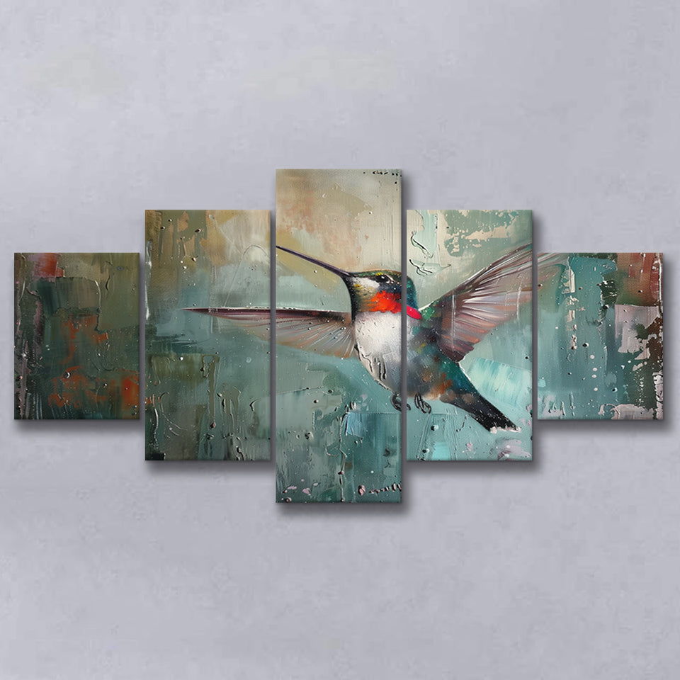 Hummingbird Flying Oil Painting Art, Mixed 5 Panel Canvas Print Wall Art Home Decor, Large Canvas Painting