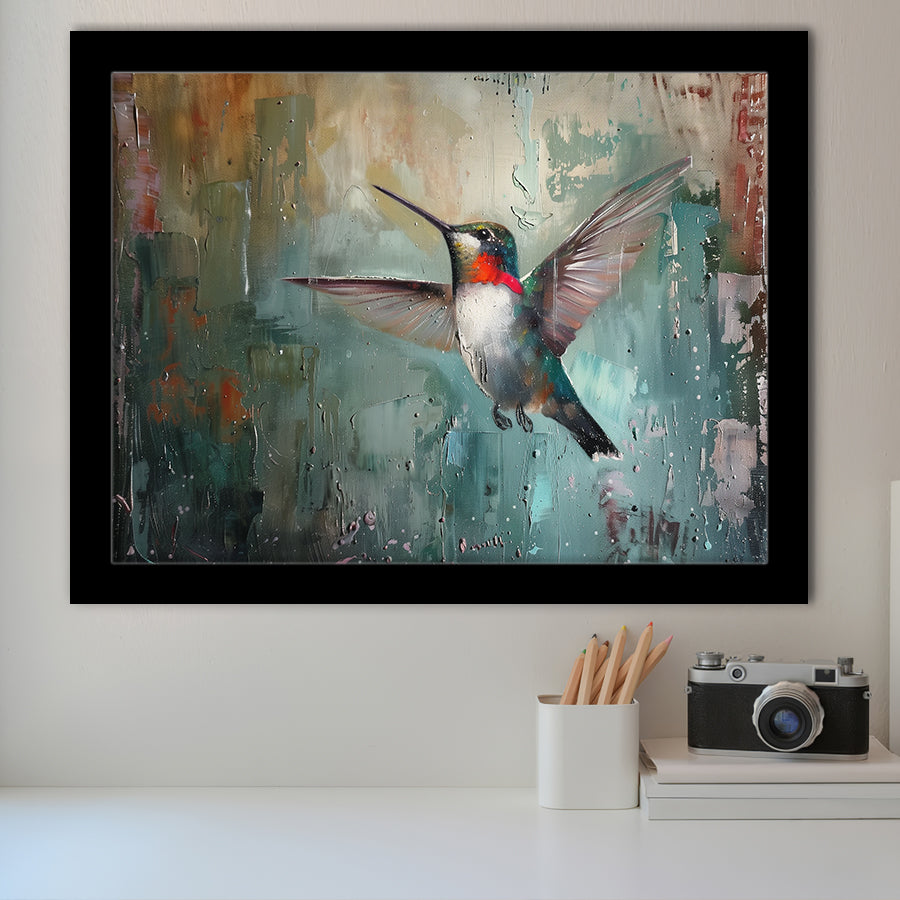 Hummingbird Flying Oil Painting Art, Framed Art Print Wall Decor, Picture Framed Painting Art