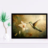 Hummingbird Flying Oil Painting Vintage, Framed Art Print Wall Decor, Picture Framed Painting Art